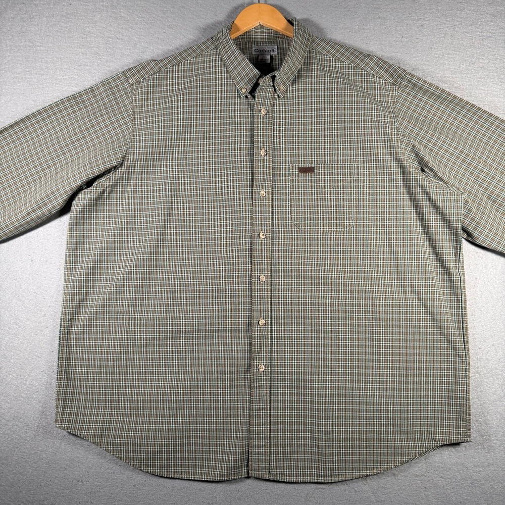 Carhartt Mens 3XL Tall Plaid Short Sleeve Button Down Work Shirt Green S94 FRT